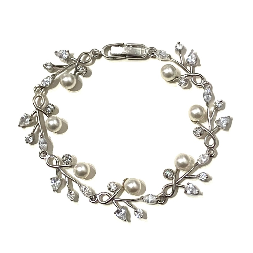 Sterling Silver 925 CZ Faux Pearl Clusters Vines Bracelet 6”